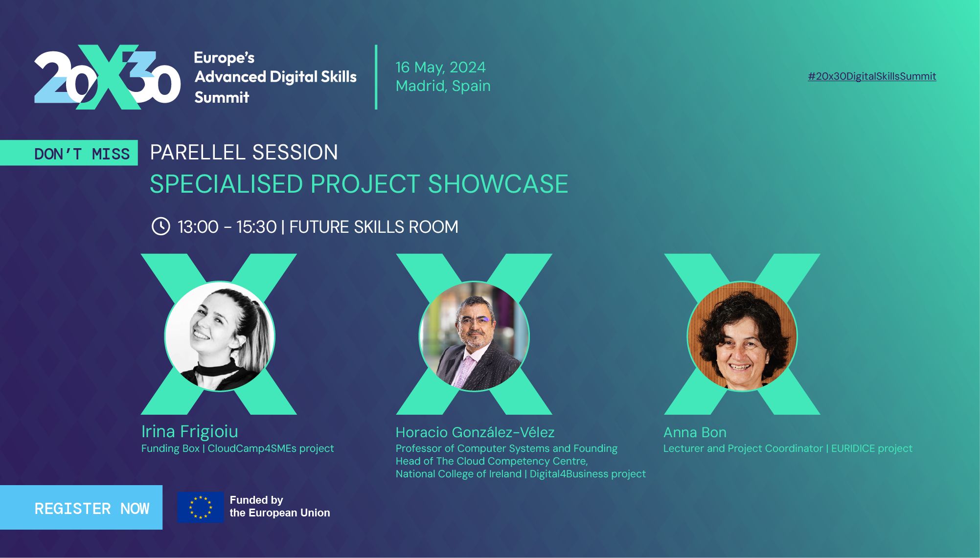 Promotional image for the Advanced Digital Skills summit in Madrid, featuring event details and photos of three speakers, with a bright, colorful background. the “20×30: Europe’s ADS Summit”