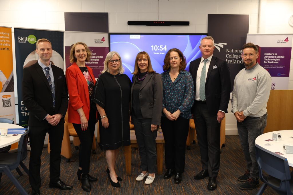 Michelle Thompson (Skillnet Ireland), Carmel Somers (Digital Technology Skills), Professor Gina Quin (National College of Ireland), Laure Joachim (The Adecco Group), Mark Jordan (Skillnet Ireland), and Jeff Sheridan (Matrix Internet) at the official Irish launch of the Digital4Business Joint Professional Master’s in Advanced Digital Technologies for Business.